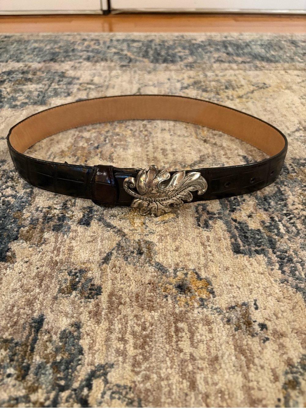 VINTAGE 90s Brighton Black Reptile Embossed Silver Sculptural Leaf Buckle